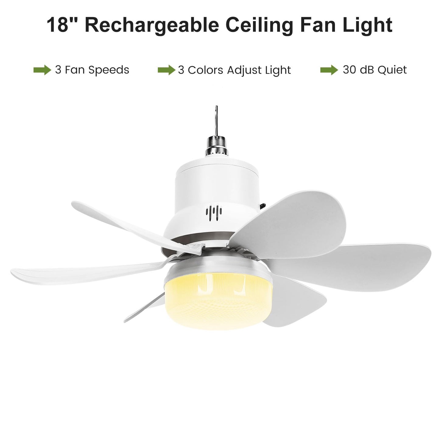 Roodike Solar Ceiling Fan Light, 18" Portable Solar Rechargeable Fans with Battery for Outdoor Gazebo, Camping, Patio, Canopy Tent, Chicken Coop & Greenhouse