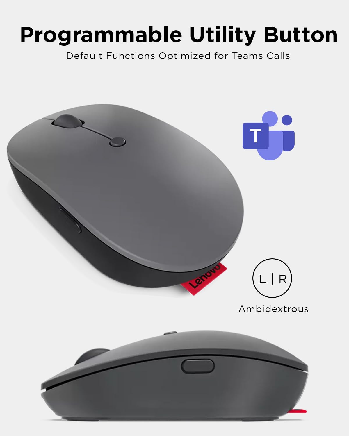 Lenovo Go USB-C Essential Wireless Mouse, 2.4 GHz Nano USB-C Receiver, Adjustable DPI, Rechargeable Battery, Ambidextrous, GY51C21210, Grey