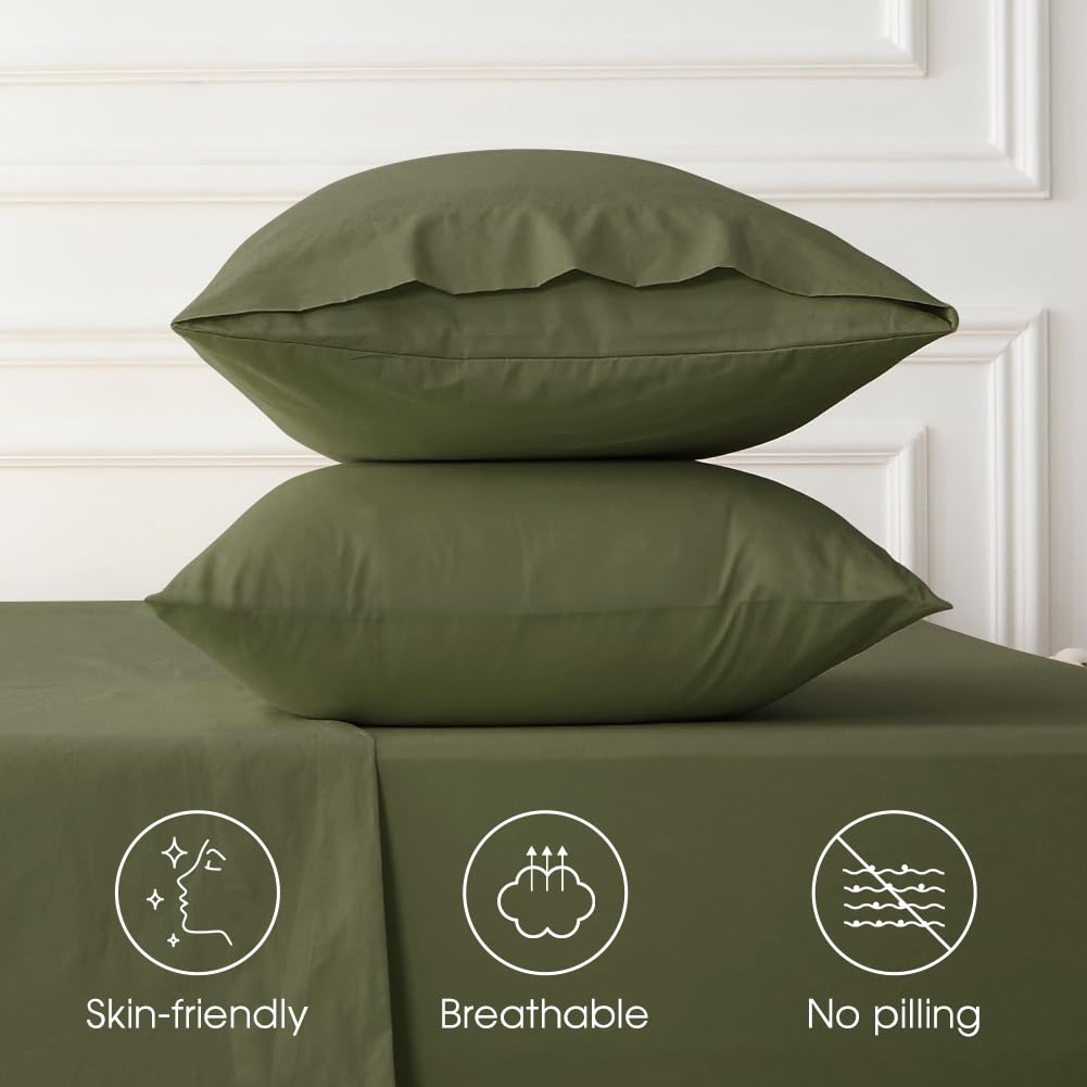 HYPREST Deep Pocket Queen Sheet Sets Fits 18"-24" in Deep Mattress -100% Cotton Queen Sheet Set,Green Hotel Crisp Soft Cooling Sheet Sets for Queen Bed