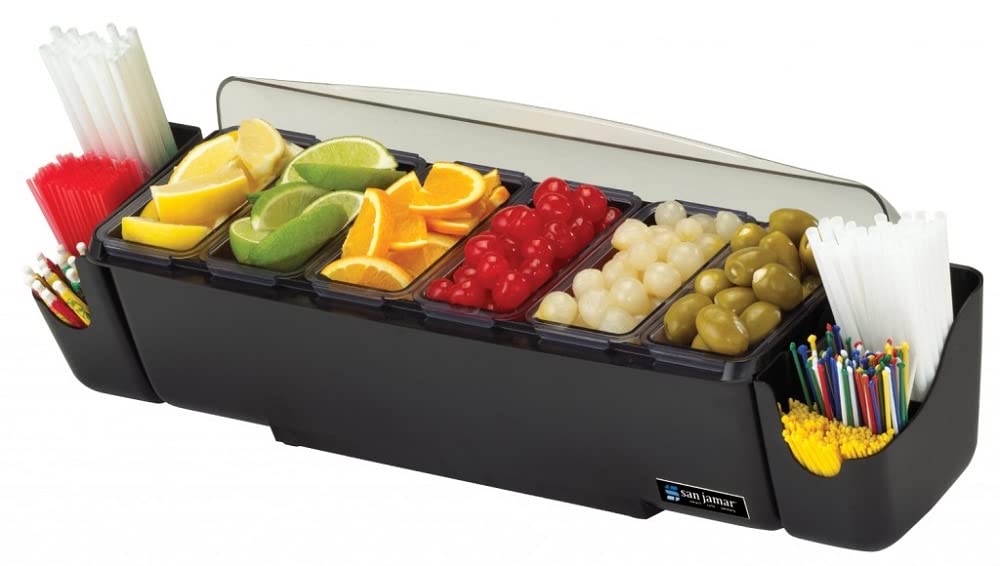 San Jamar Dome Garnish Center 5 Tray with Caddy for Kitchen, Bar, And Restaurants, Plastic, 8 Pints, Black