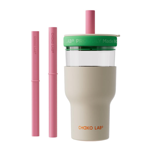CHAKO LAB Insulated Stainless Steel Water Bottle | Dual-layer tumbler with Glass Linner and Stainsteel Linner | BPA-Free Leak Proof Thermos | 20oz Bottle with Two Straw | White and Green