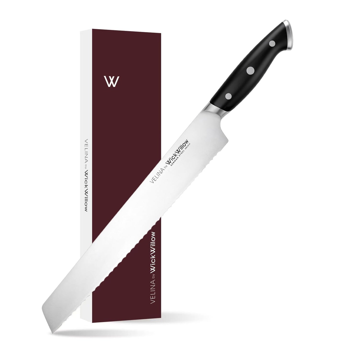 WICKWILLOW Velina 10-Inch Serrated Bread Knife - German X50CrMoV15 Steel, Full Tang, Razor-Sharp Wavy Edge for Sourdough, Artisan Bread, Bagels, Cakes & Sandwich Loaves - Gift Boxed for Home Bakers