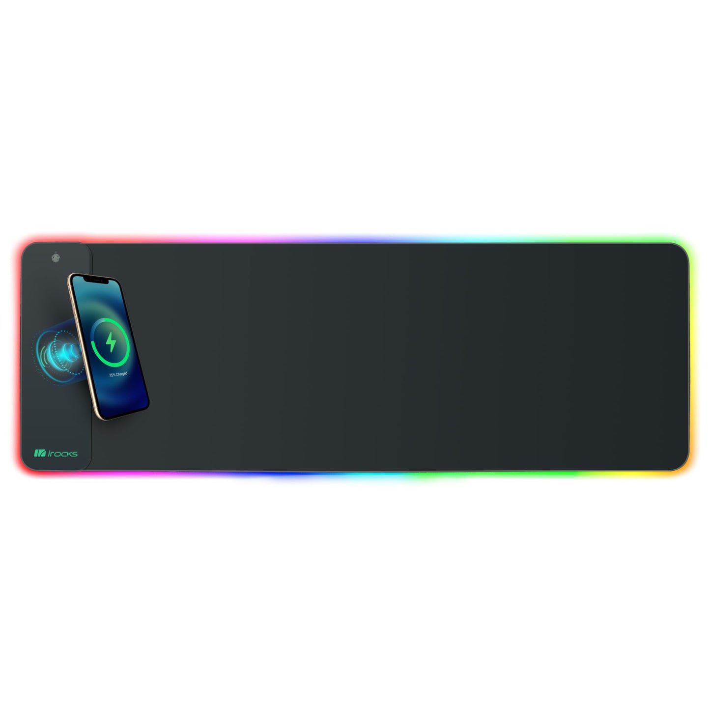 i-Rocks Extra Long RGB Gaming Mouse Pad, 10W Wireless Fast Charger, Natural Rubber Non-Slip Base, 35.4"x11.8" Desk Mat, Qi-Compatible for iPhone, Samsung, AirPods, 7 Colors & 3 RGB Effects