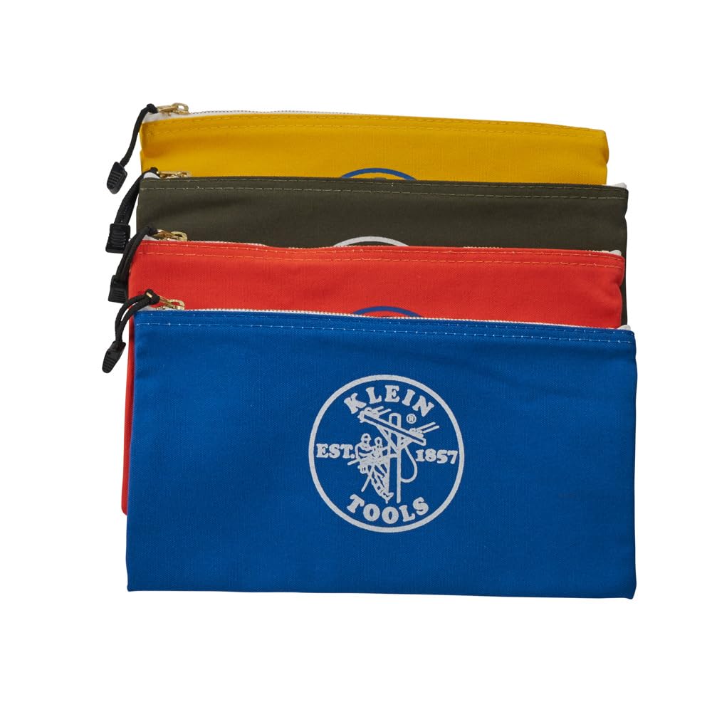 Klein Tools 5140 Canvas Zipper Bag, Tool Pouch, Bank Deposit Utility Bag, 12.5 x 7-Inch, Olive/Orange/Blue/Yellow 4-Pack