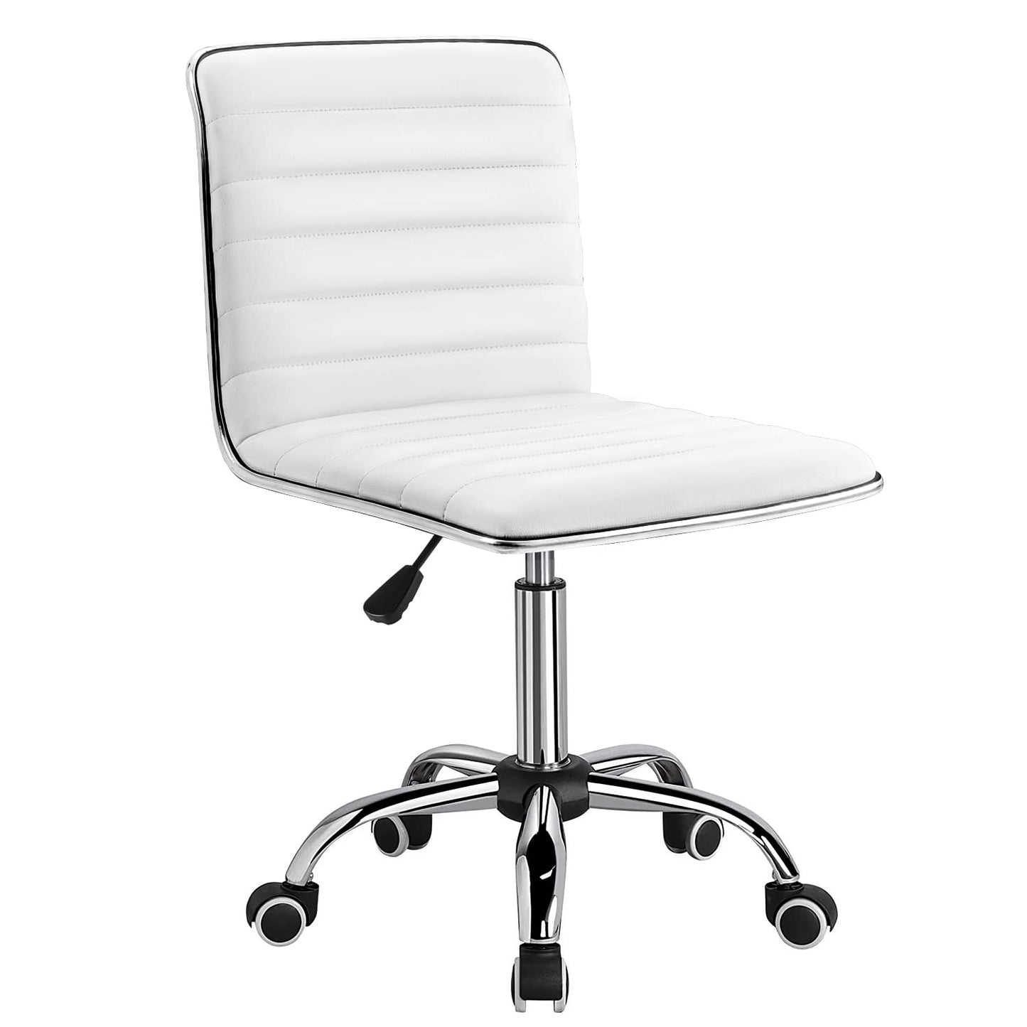 Furmax Vanity Office Desk Chair with Wheels, Armless Small Cute Leather Makeup Computer Task Chair Adjustable Height 360° Swivel (White)
