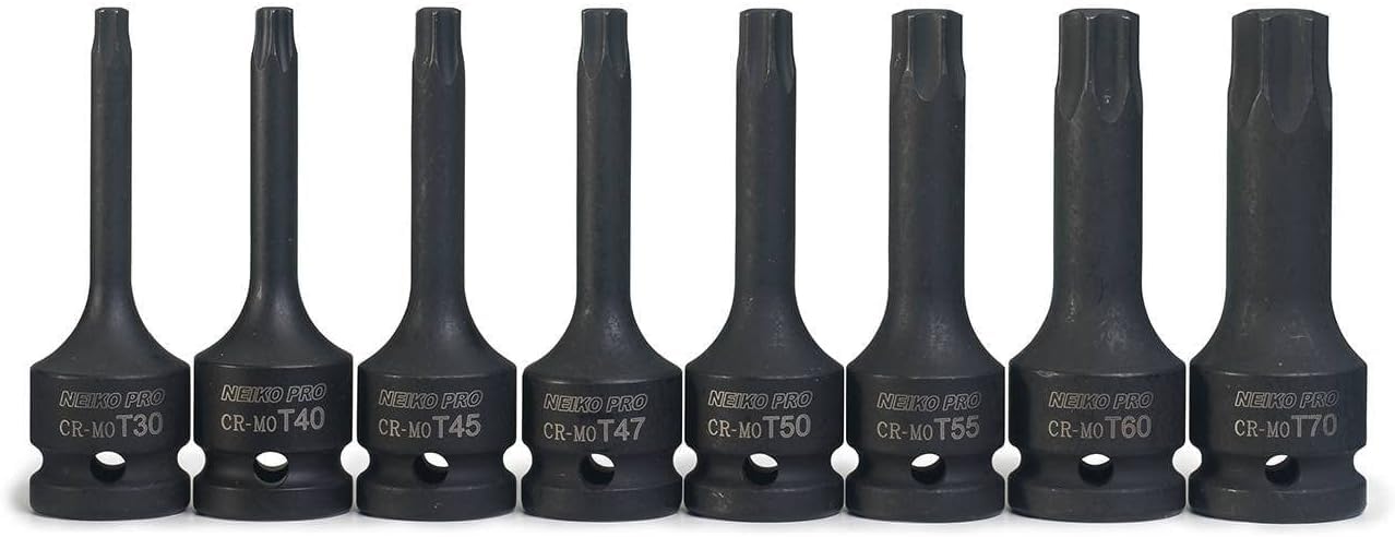 NEIKO 01138B 1/2” Drive Torx Star Driver Bit Socket Set | 8 Piece | T30 to T70 | 3” Length | Cr-Mo Impact Grade