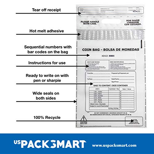 USPACKSMART Clear Plastic Coin Bag 12.5" x 21.5" | 50 lb. Capacity | Sequential Barcode Number, Self-Sealing, Permanent Adhesive | Ideal for Handling and Transport of Coins and Casino Chips | 50-Pack