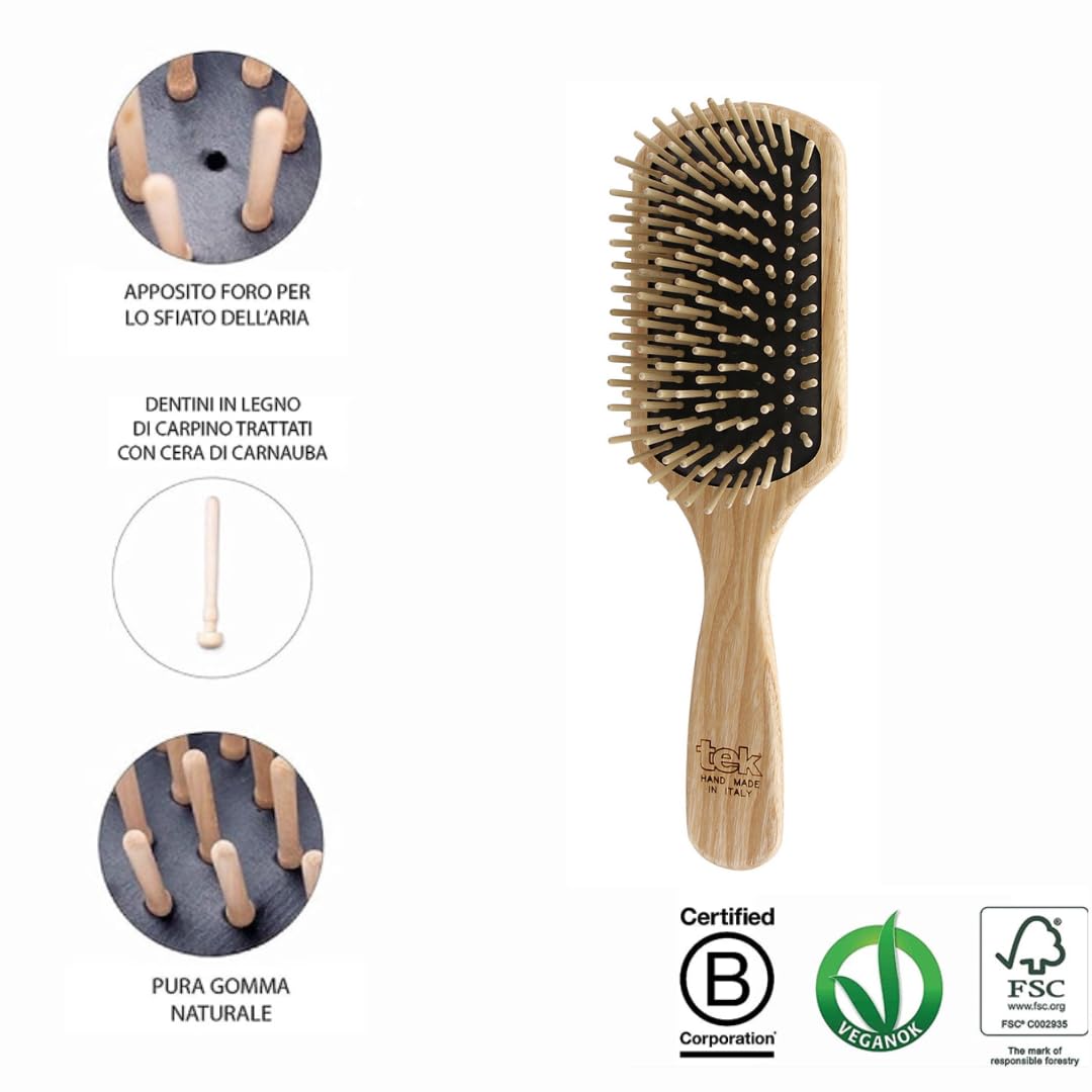 TEK - Medium Rectangular Ash Wood Brush with Short Tooth Handmade in Italy, for Fine or Straight Hair - 22 x 5.5 cm