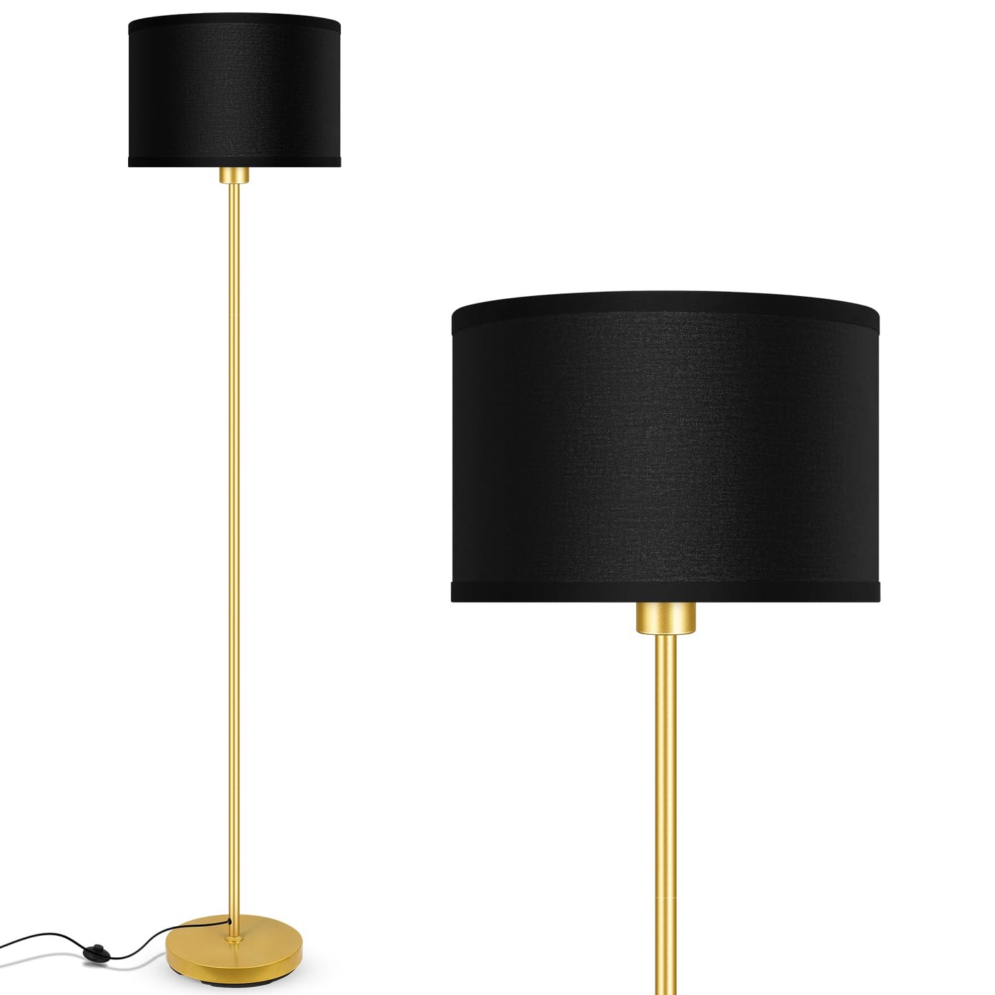 Gold Floor Lamps for Living Room, Modern Bright Standing Lamp, Black Lamp Shades, Foot Switch, Simple Pole Lamps Corner Lamp for Bedroom,Office, Living Room, Den, Black Living Room Lamp(No Bulb)