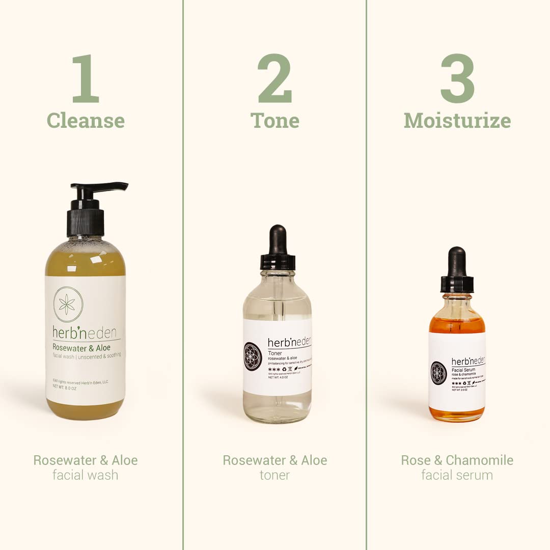 Herb’N Eden - Sensitive Skin Facial Kit - Cleanse, Mask, Tone, & Moisturize - Natural Ingredients & Essential Oils - Made in USA - 5 Product Set includes Wash, Toner, Serum, Mask, Sisal