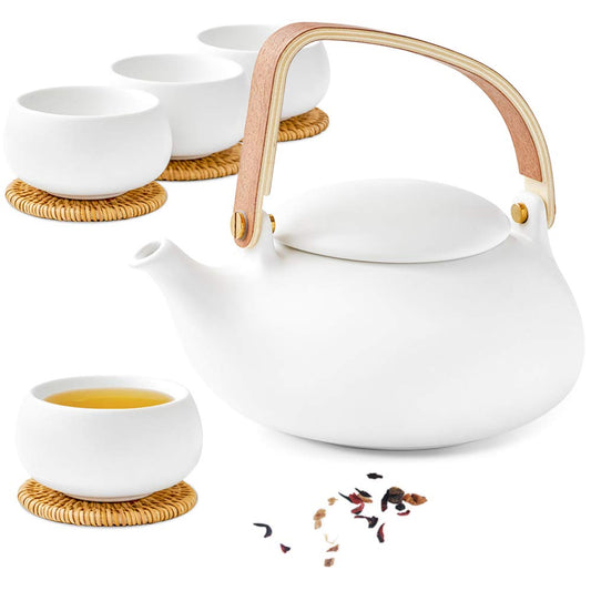 ZENS Modern Japanese Tea Set, 27 oz Ceramic Japanese Teapot with Fine Stainers and 4 Cups for Loose Leaf Tea Steeper, Wood Handle Matte Japanese Teapots Hot Tea Brewer for Tea Party Women Gifts