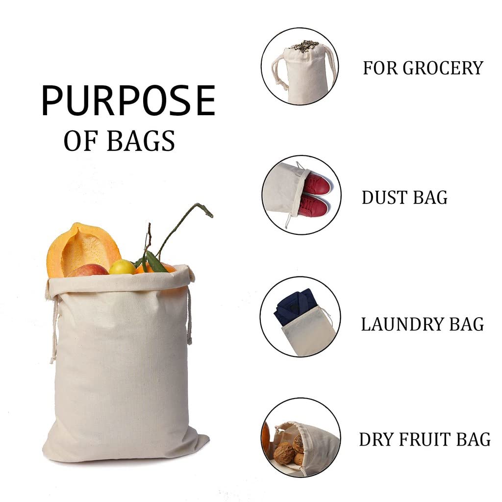 BigLotBags 100Pcs 10 x 12 Inches Premium Cotton Muslin Double Drawstring Bags, Reusable Bag Natural Cotton Bags with Drawstring Produce Bags Bulk Gift Bag Jewelry Pouch for Party Wedding Home Storage