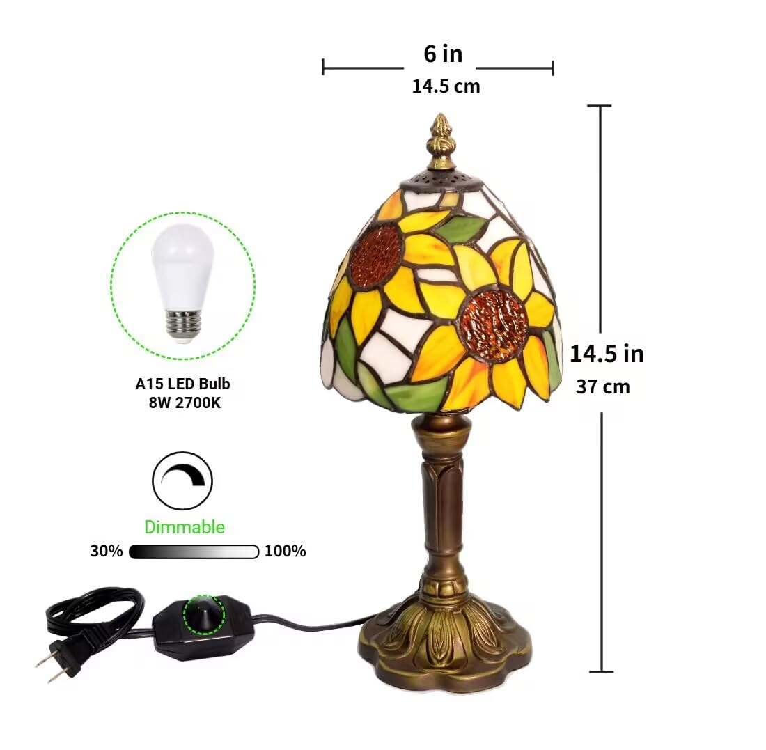 BMXKPO Tiffany Style Table Lamp,Sunflower Stained Glass Lamp,6 Inch Small Antique Bedside Lamp, for Bedroom Living Room Home,Included Dimmable LED Bulb 8W