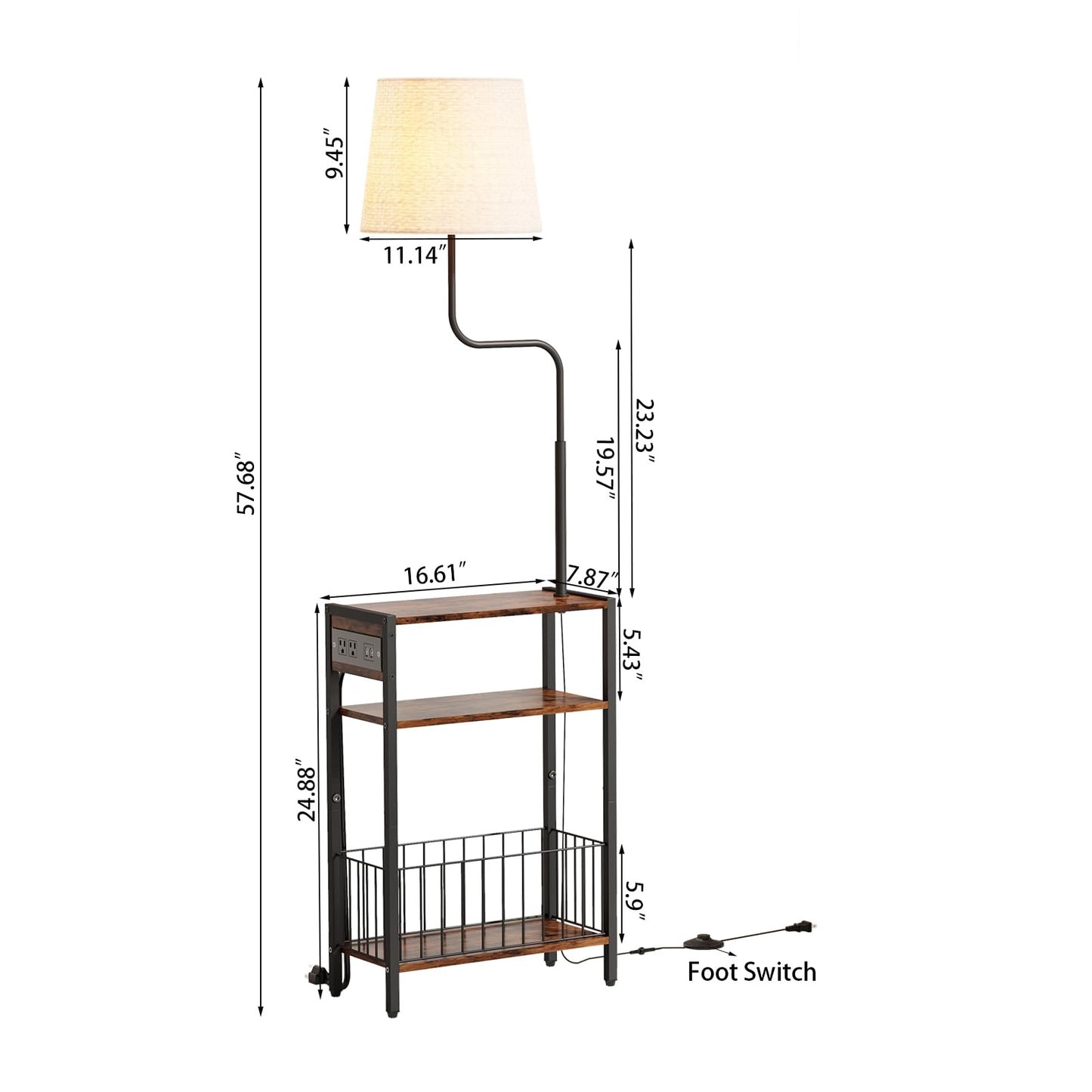 HavenlyYouth Floor Lamp with Table & Storage Baskets, End Table with 3 Color Temperatures LED Bulb, Nightstand with Charging Station, Shelves Side Table for Living Room, Bedroom, Office - Brown