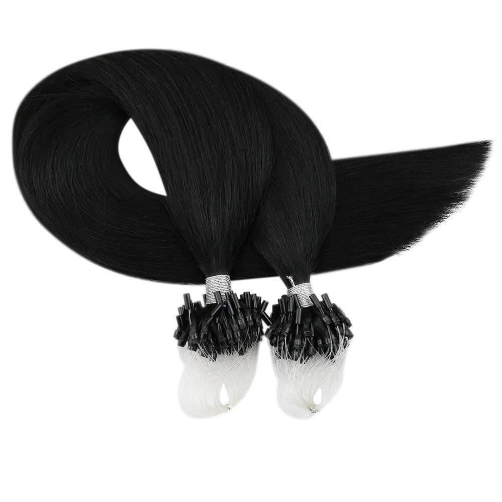 Moresoo Microlink Hair Extensions Human Hair Jet Black Micro Bead Hair Extensions Real Human Hair Black Micro Link Hair Extensions Micro Loop Hair Extensions Real Human Hair Black #1 50G/50S 24Inch