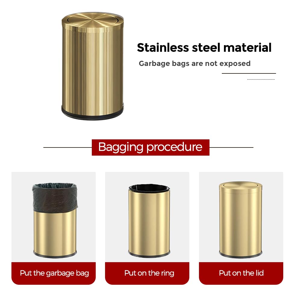 LEASYLIFE Small Trash can with Flipping lid, Stainless Steel, 2.4gallon,Garbage cans for Bathroom, Kitchen, Living Room. Metallic Gold (Singer)