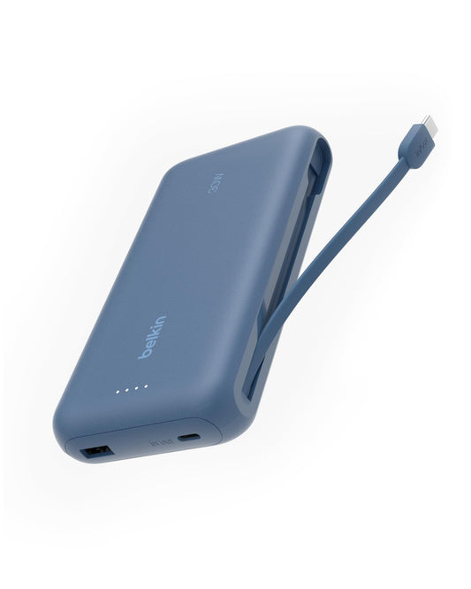 Belkin Portable Charger, Power Bank with Integrated Cable 20000 mAh 30W - Fast Charging USB C Power Delivery - iPhone 17, Air, Pro, Pro Max, iPad, AirPods, Apple Watch, Galaxy S25, & More - Blue