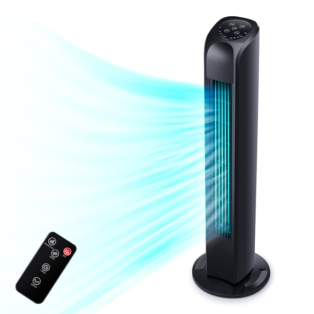 Uthfy Oscillating Tower Fan for Bedroom, Portable Standing Fan with Remote, 3 Modes 3 Speeds, 7.5H Timer, 120° Quiet Cooling for Living room, Office, Black