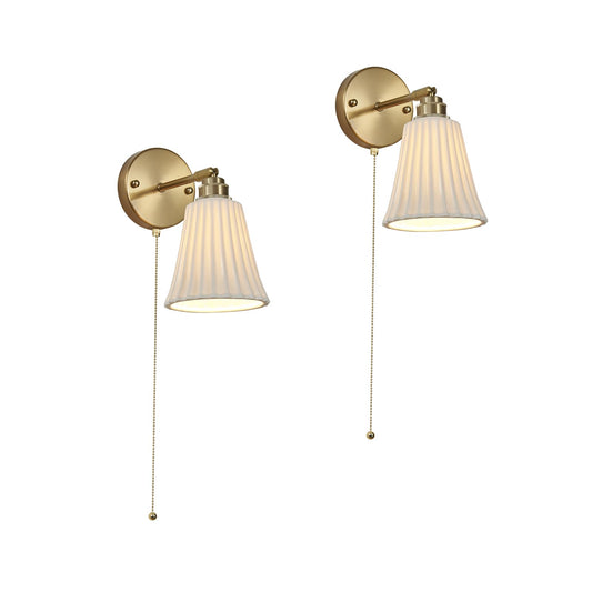 2-Pack Modern Gold Ceramic Hardwired Wall Sconces with Pull Chain Switch & Adjustable Arms – Indoor Wall Light Fixtures for Living Room, Bedroom, Kitchen & Home Office