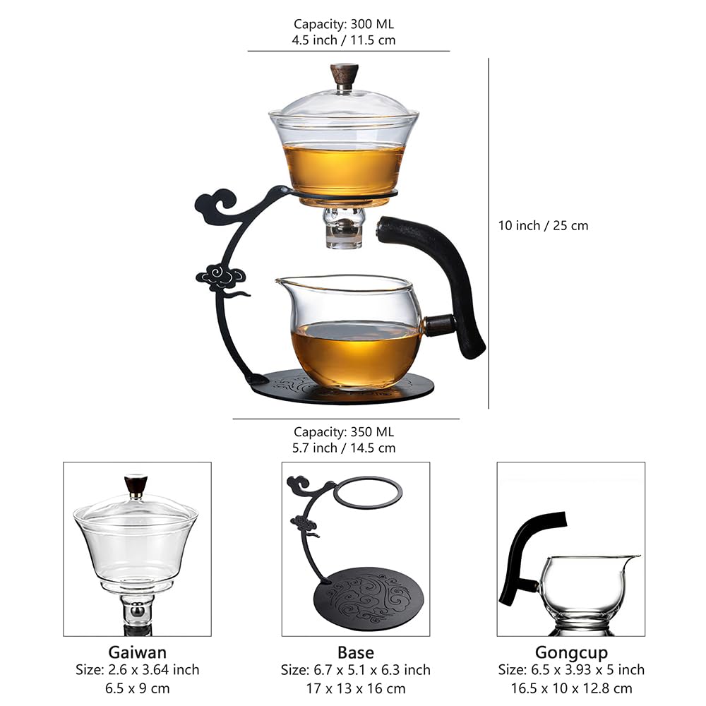 Lazy Kungfu Drip TeaPot, Heat Resistant Tea Set, Semi-Automatic Glass Teapot Suit for Magnetic Water Flow Wooden Glass Teapot Set (Metal handle+glass body)