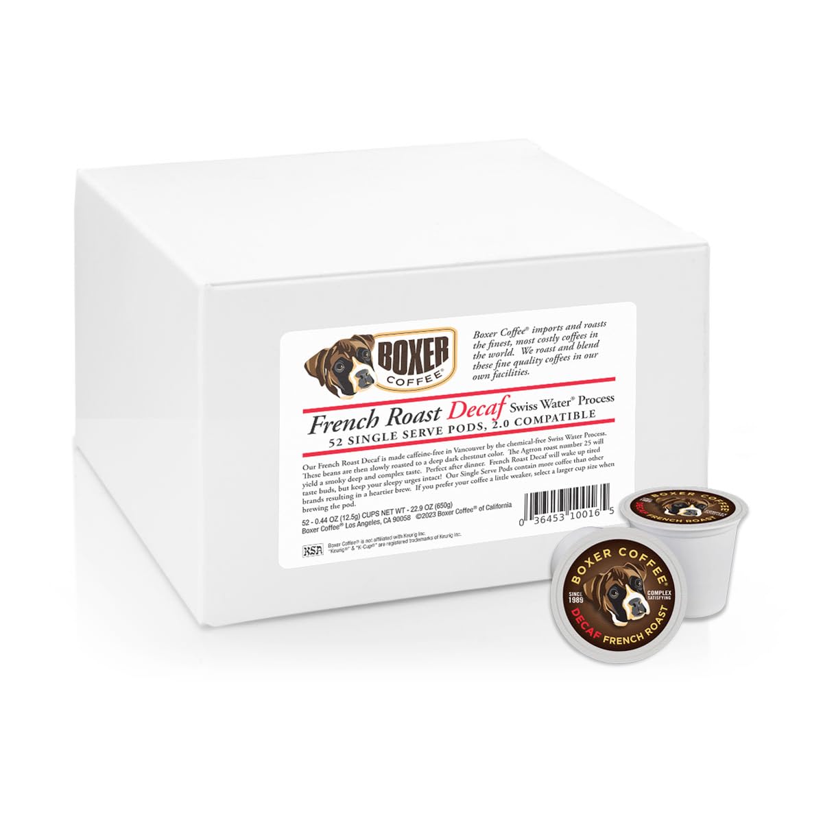 Boxer Coffee 52ct Decaf French Roast – Swiss Water Process Dark Roast Coffee Pods – Compatible with Keurig K-Cup Brewers – Specialty Grade, Artisan Single-Serve Cups
