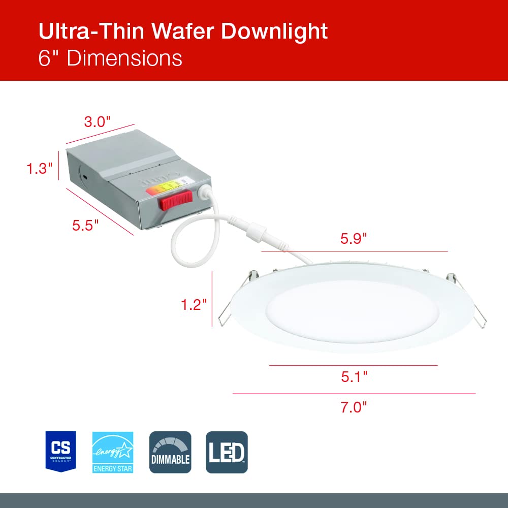 Juno LED Recessed Lights 6 Inch Round Wafer Downlight, 5-in-1 Switchable White Color Temperature, 120 Volts, 6-Inch Ultra-Thin Flat Trim, Matte White, 6-Pack (WF6 SWW5 90CRI CP6 MW M2)