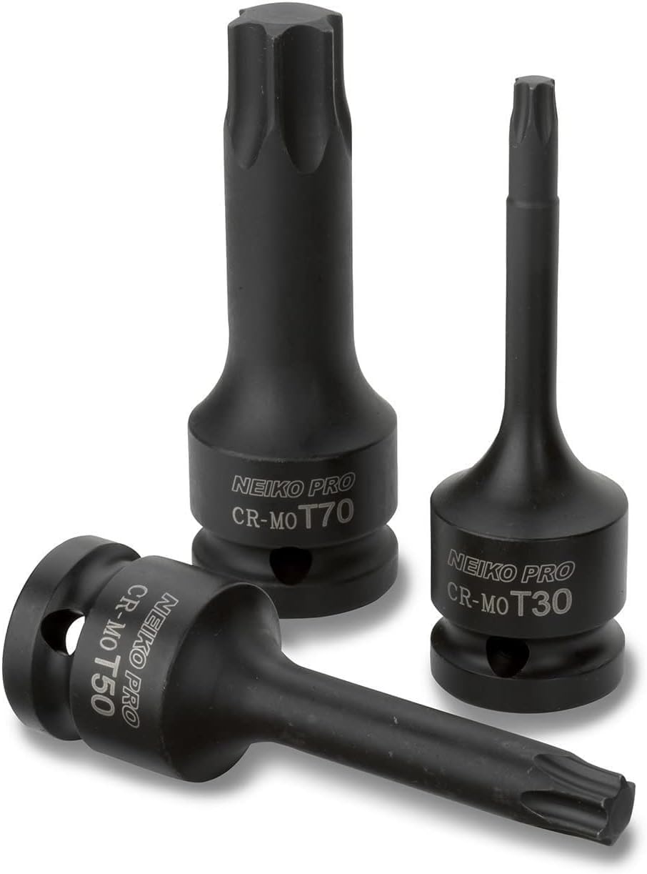 NEIKO 01138B 1/2” Drive Torx Star Driver Bit Socket Set | 8 Piece | T30 to T70 | 3” Length | Cr-Mo Impact Grade