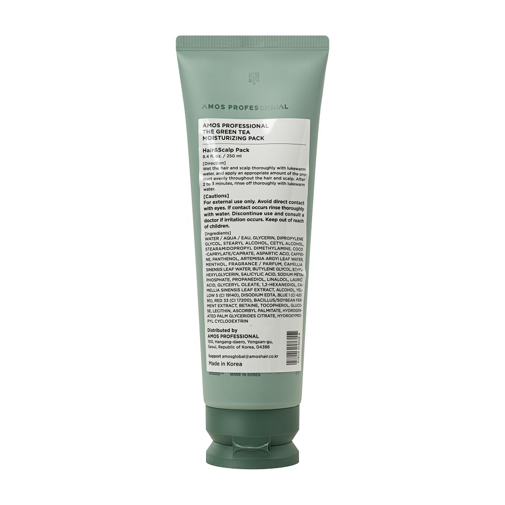 AMOS PROFESSIONAL The Green Tea Moisturizing Pack - Scalp Treatment for Thinning Hair, Korean Hair Mask, Strengthening, All Hair Types, 8.4 fl.oz