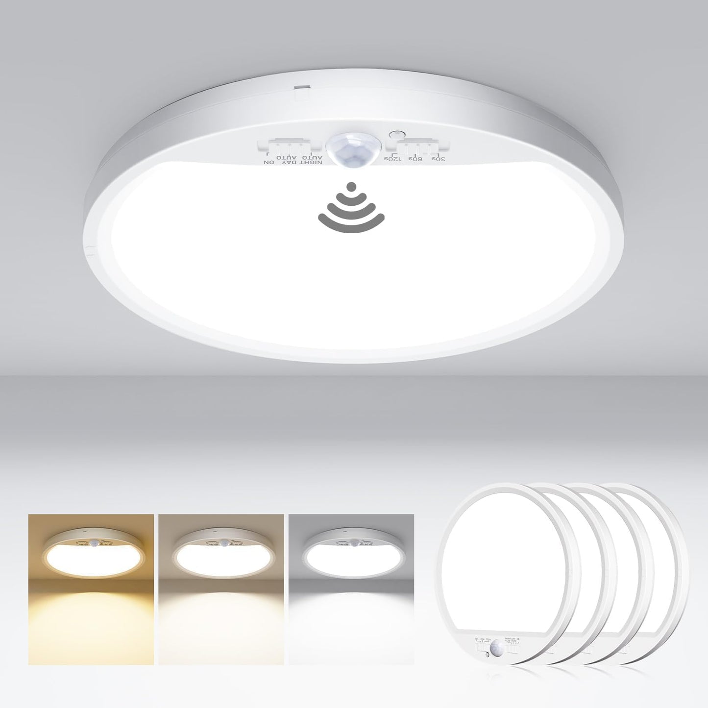 hepside 4 Pack Motion Sensor Ceiling Light Wired, 3000K/4000K/6500K LED Flush Mount Ceiling Light Fixture, 7Inch 15W Motion Sensor Light Indoor with Timer for Closet Stair Porch Hallway Pantry,White