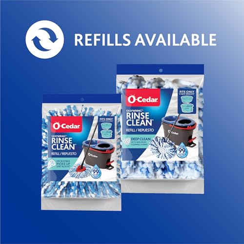 O-Cedar RinseClean Spin Mop & Bucket System + 2 Extra Mop Heads| Clean with Water | Removes 99% of Bacteria Plastic