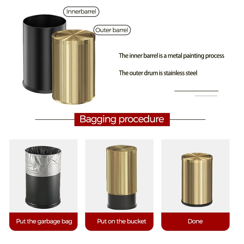 LEASYLIFE 9 Liter/2.4 Gallon, Small Gold Trash can with Swing lid, Brass Bathroom Trash can, Bedroom Garbage bin,Trash bin for Office, Living Room,Bathroom，Restaurant Bathroom