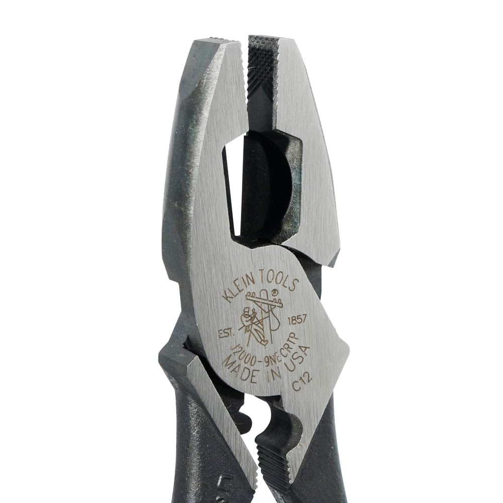 Klein Tools J2000-9NECRTP Side Cutter Linemans Pliers, Made in USA, with Tape Pulling and Wire Crimping, High Leverage, 9-Inch