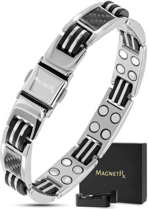 MagnetRX® Magnetic Bracelets for Men – Effective Mens Magnetic Bracelet with Carbon Fiber Inlay – Premium Titanium Bracelet for Men – Adjustable with Sizing Tool (Silver)
