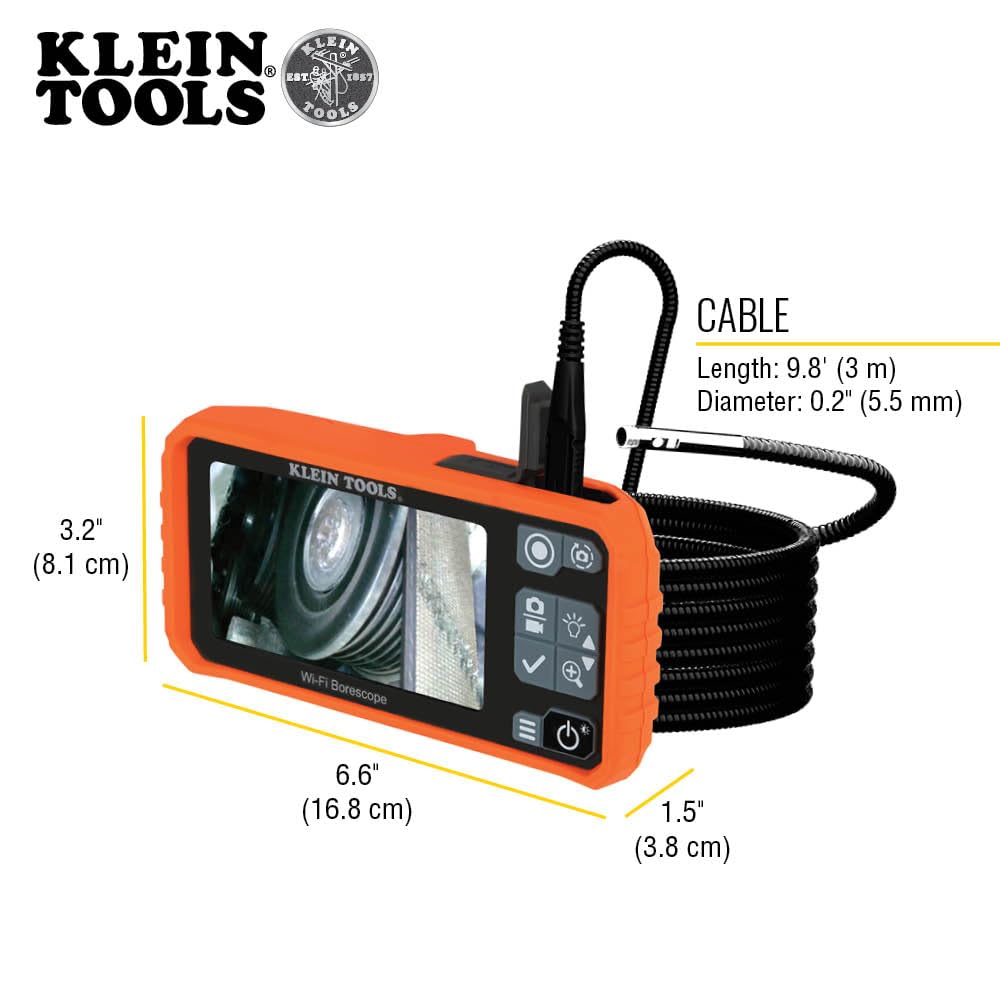 Klein Tools 69473 Borescope, 9 mm 10-Foot Armored Waterproof Gooseneck Snake, LED Lights, Endoscope Digital Inspection Camera for Android Phones