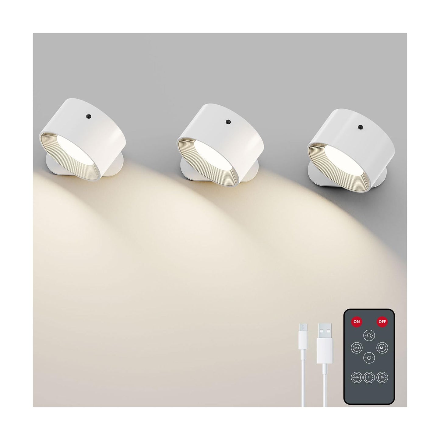 Koopala 3PACK Rechargeable LED Wall Sconce, Cordless Battery with Remote, Powered Wall Sconce, 3 Brightness Levels, 360° Swivel Magnetic Shade for Bedrooms, Hallways, Den and Reading Spaces（White）