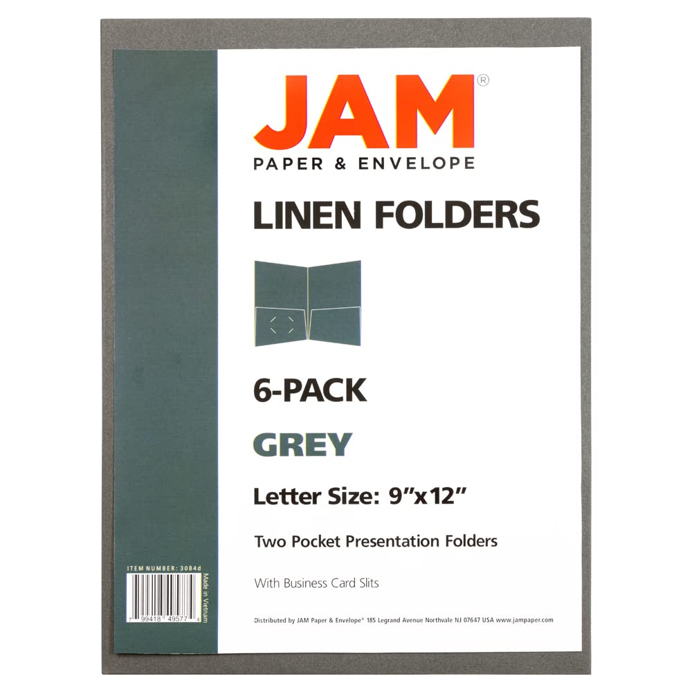 JAM PAPER Two Pocket Textured Linen Presentation Folders - Letter Size Business Folder - Gray - Bulk 50/Box