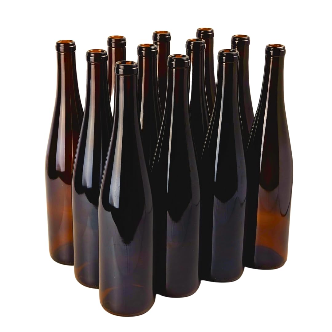 FastRack - 750ml Amber Wine Bottles (Pack of 12) Empty, Stretch Hock Liquor Glass Bottles | W13 750 ml Empty Bottle for Drinks - NO CORKS INCLUDED