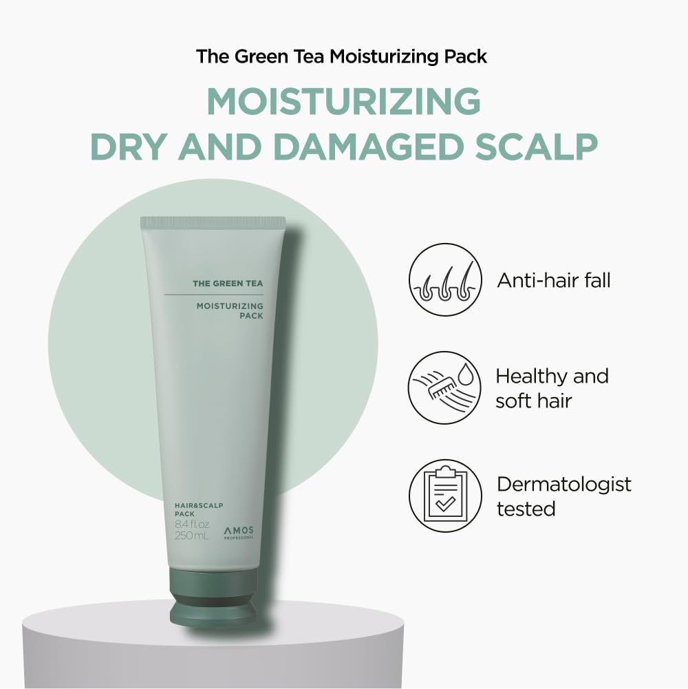 AMOS PROFESSIONAL The Green Tea Moisturizing Pack - Scalp Treatment for Thinning Hair, Korean Hair Mask, Strengthening, All Hair Types, 8.4 fl.oz