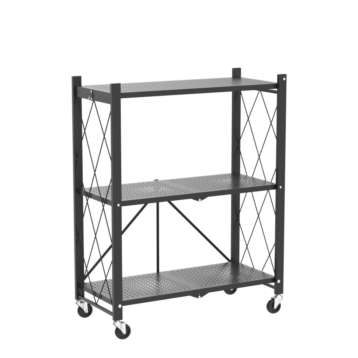 DEANIC 3 Tier Foldable Storage Shelves with Wheels, Kitchen Appliance Stand, Freestanding Metal Wire Shelf Rack, No Assembly Organizer Rolling Cart for Garage, Basement, Pantry(Black)