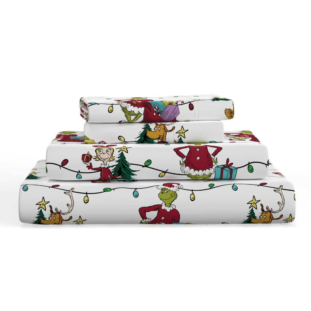 Grinch by Dr. Seuss Holiday & Christmas Bedding Super Soft 100% Cotton Flannel Sheet Set, Queen, (Officially Licensed Product) By Franco