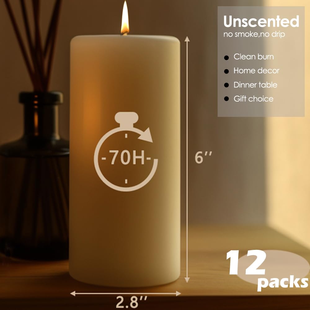 MOSROAD Set of 12 Ivory Pillar Candles - 2.8x6 inch Hand-Poured Large Pillar Candle | 75 Hours Burn Time | Unscented Candles | Dripless and Smokeless | Perfect for Wedding, Parties, Spas, Home Decor