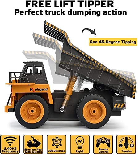 kolegend Remote Control Dump Truck RC Truck Construction Vehicle Truck Toys with Rechargeable Battery for Toddlers Kids Boys and Girls