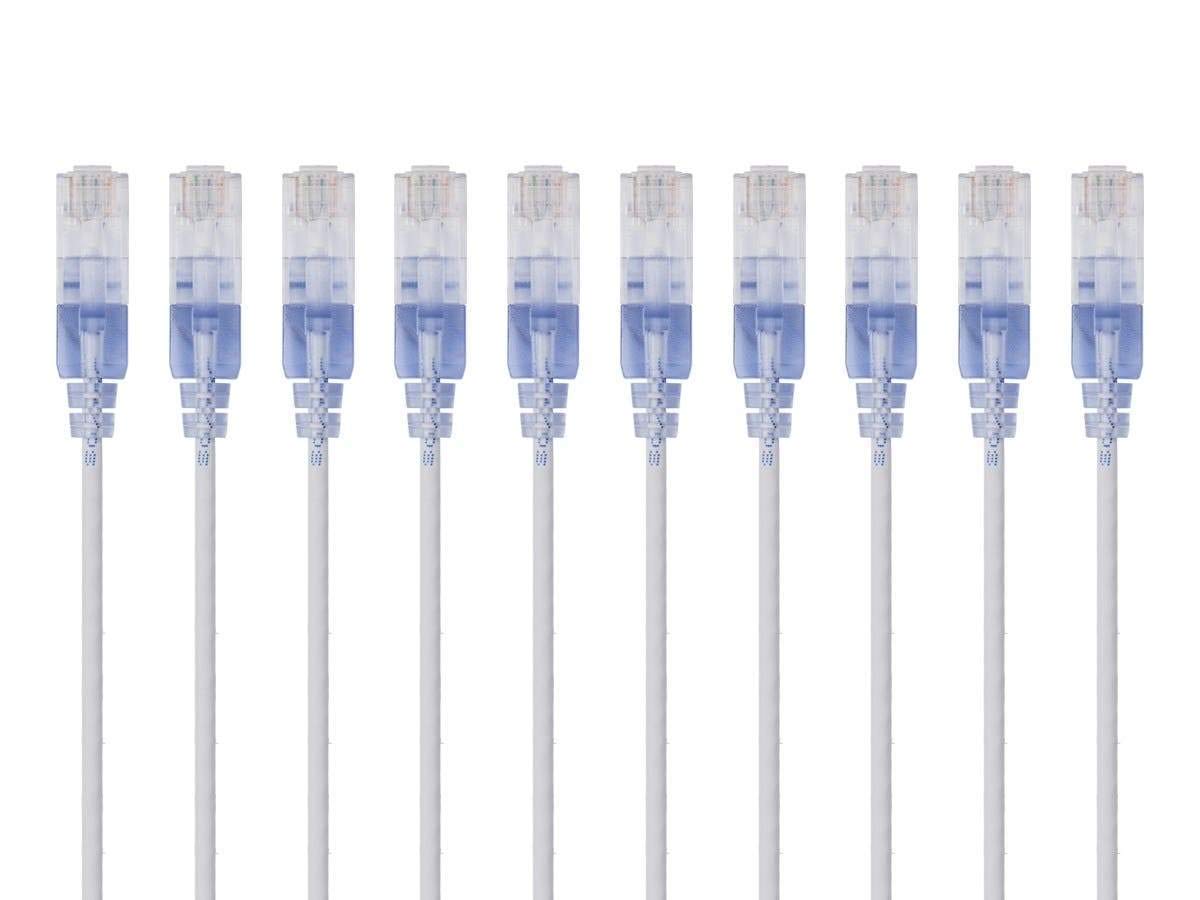 Monoprice Cat6A Ethernet Patch Cable - Snagless RJ45, 550Mhz, 10G, UTP, Pure Bare Copper Wire, 30AWG, 10-Pack, 14 Feet, Blue - SlimRun Series