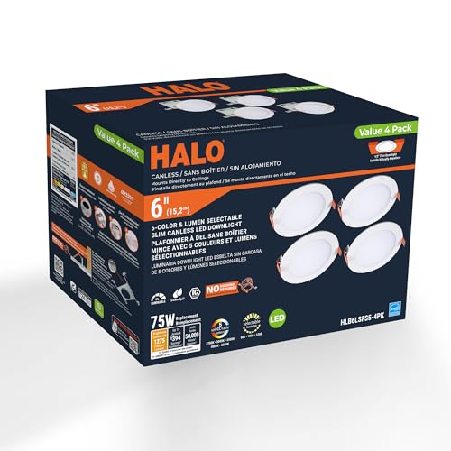 HALO HLB Recessed Lighting 6 Inch LED Canless, Dimmable w/Selectable Lumens and Color Temperatures 4-Pack- HLB6LSFS5-4PK