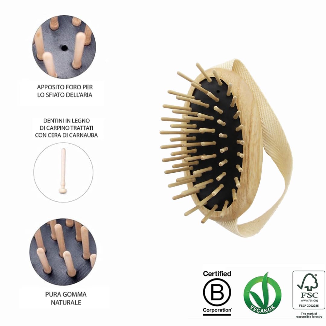 TEK - Scalp Massage Brush in Ash Wood with Strap, Ideal for Washing Air and Application of Anti-Hair Loss Lotions, 8,5 x 5 cm