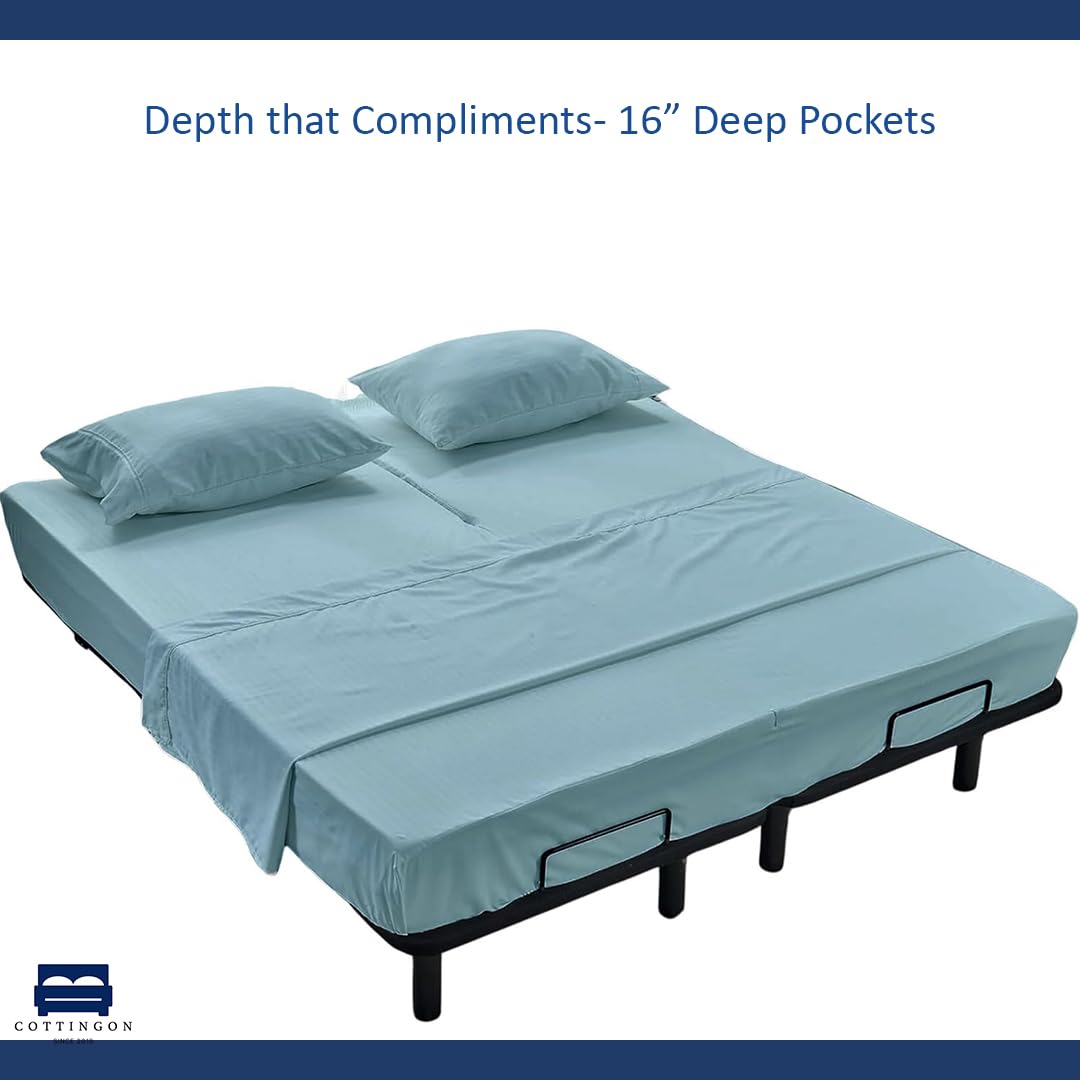 Cottingon 4 Piece Flex Head King Sheet Set, Top 34 Inch Split Sheets for Sleep Number Adjustable Beds, Soft Breathable 100% Egyptian Cotton, Fits Upto 16" Deep Mattress 78"X80"+ 34", Light Blue