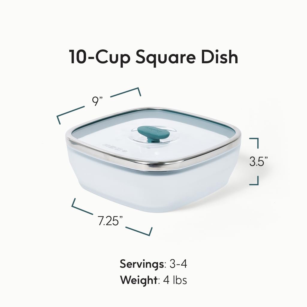 Anyday 10-Cup Square Glass Food Storage with Glass Lid | Plastic-Free Meal Prep & Microwave Cookware | Stackable Airtight Storage Container with Vented Lid for Microwave-Safe Reheating