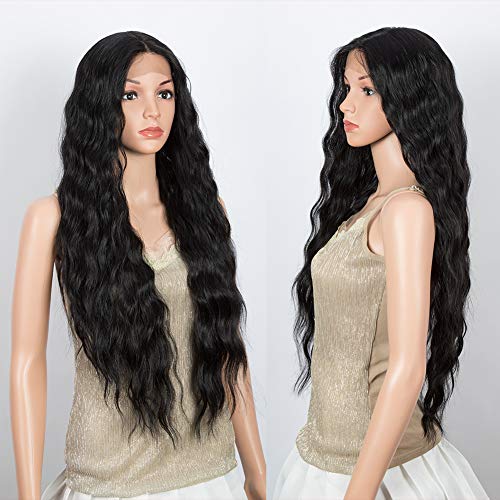 DÉBUT Lace Front Wigs 30 inches Water Wave Super Long Synthetic Wigs with Baby Hair Heat Resistant 240g 6 inches Lace Parting 150% Density (Natural Black)