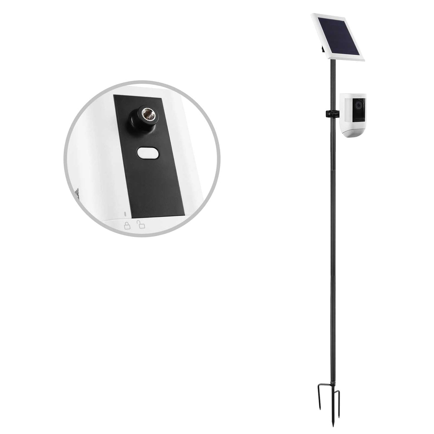 Koroao 31.49 or 47.24 inch Ground Stake Mount Stand with Solar Panel Mount for Ring, Blink, Arlo, Eufy, Wyze, Google Nest, Simplisafe Cameras and Solar Panels Ground Stake Bracket（Black）
