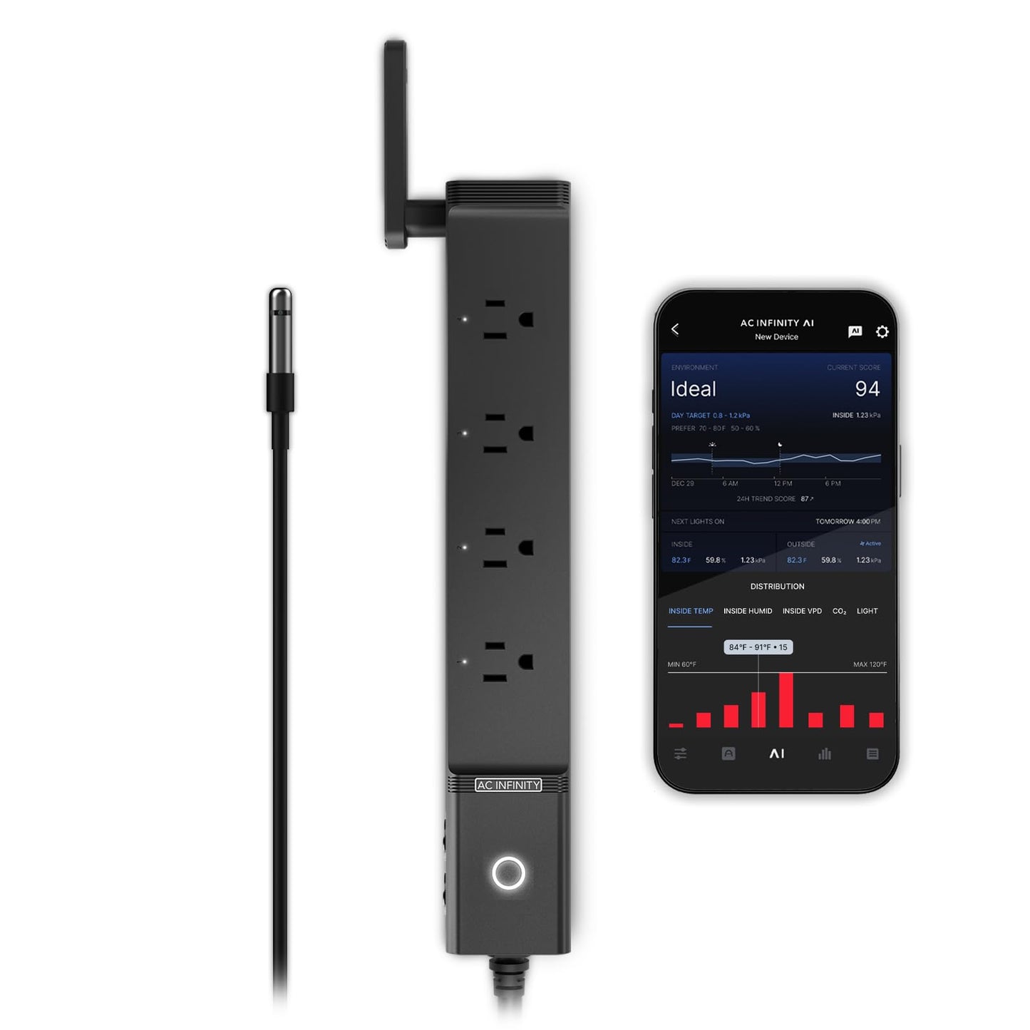 AC Infinity Outlet AI, Environment Controller, Smart WiFi Power Strip, Dual-Zone Temperature Humidity, Individual Control 4 Plugs, AI Targeting, Thermostat Greenhouse Aquarium Terrarium Home, 1800W